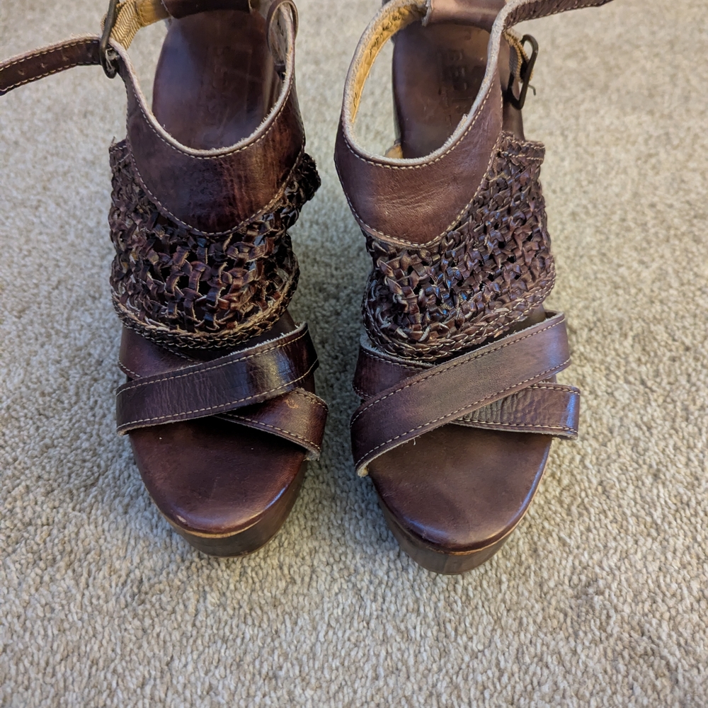 Bed Stu Brown Woven Leather Wedge Sandals